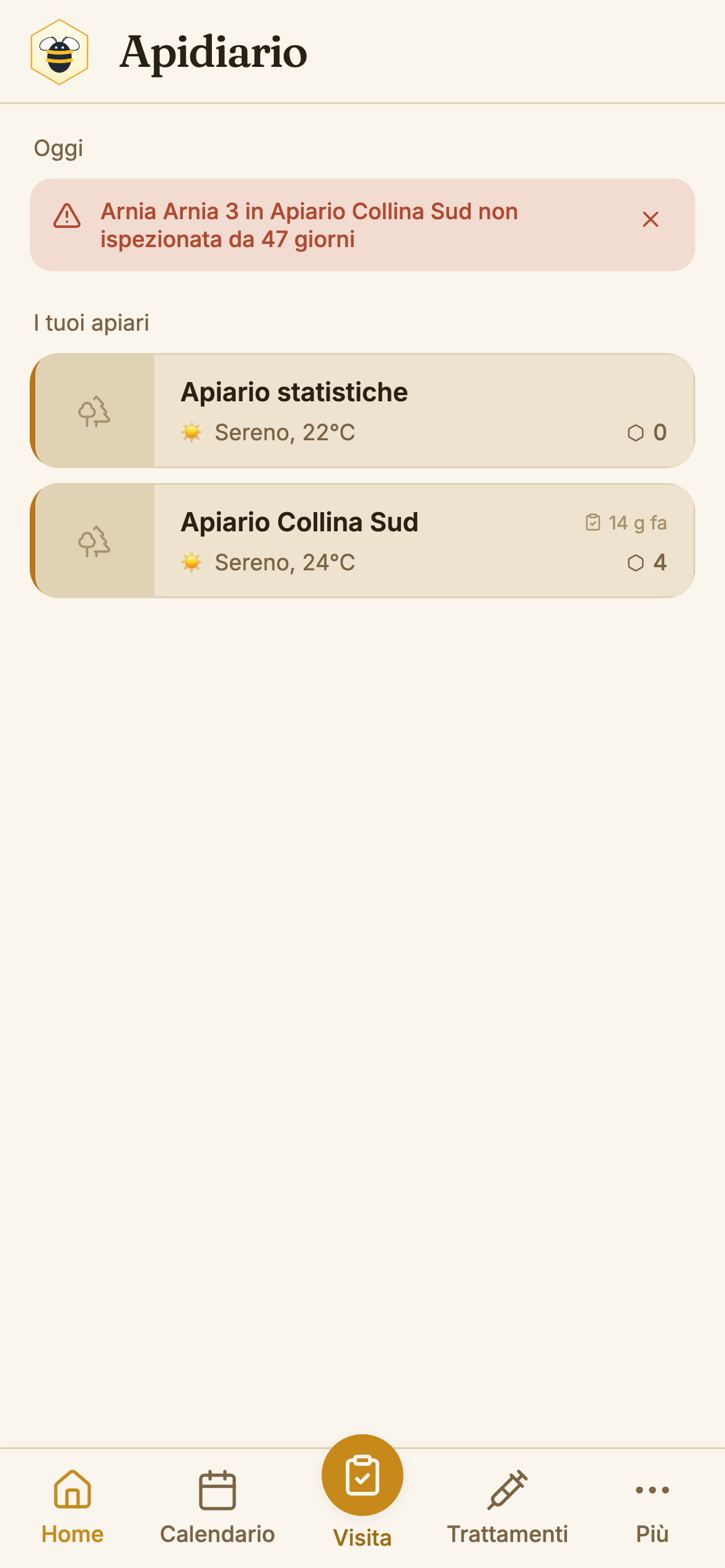 Schermata principale con elenco apiari