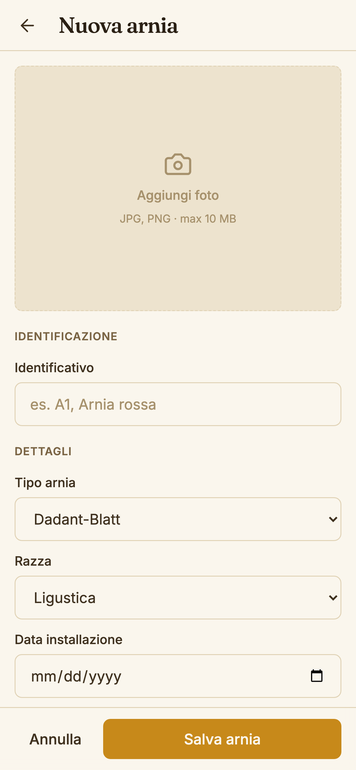 Form nuova arnia vuoto
