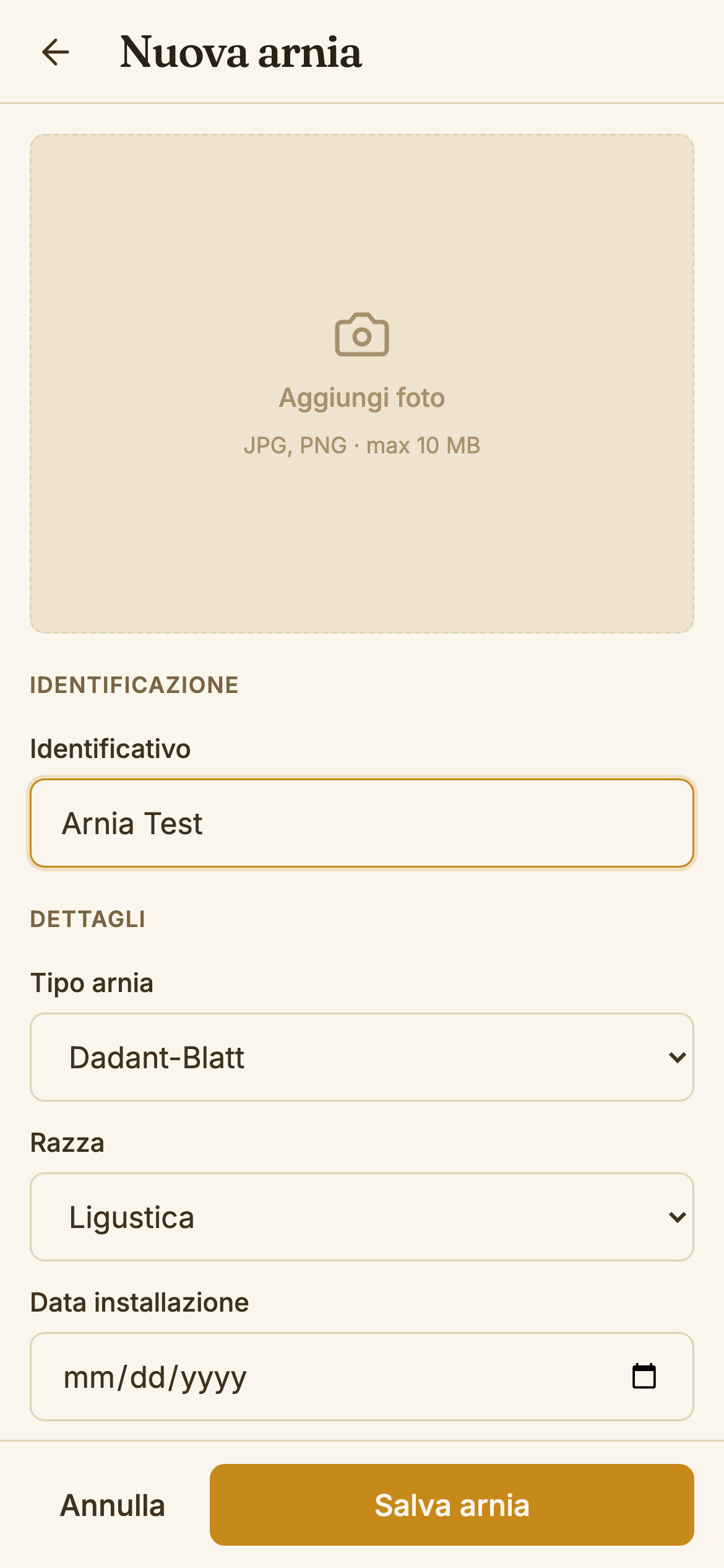 Form nuova arnia compilato